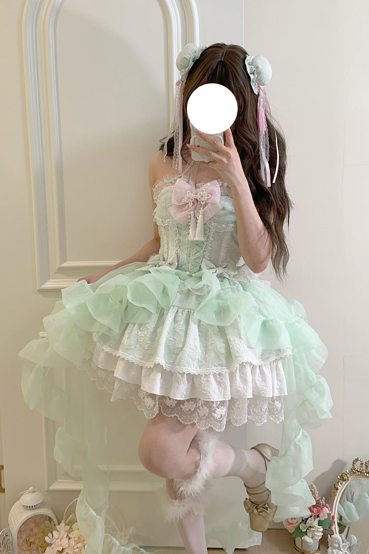 Green Rain and Flowers Halterneck Jacquard Ruffle Bowknot Lace Sweet Lolita Jsk Dress