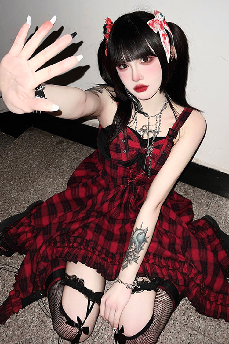 Red Scarlet Abby Style Irregular Plaid Printing Gothic Lolita JSK Dress