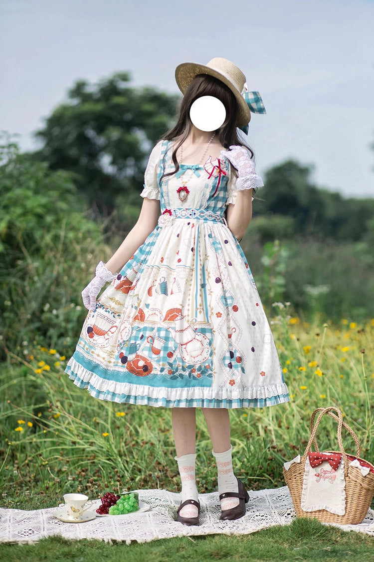 Blue/Green Tea Party Short Sleeves Print Ruffle Bowknot Lace Sweet Elegant Lolita Dress