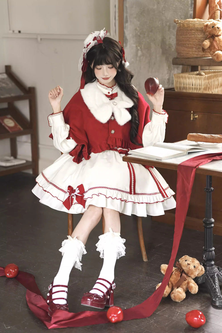 Red/White Red Vow Stand Collar Long Sleeves Multi-Layered Ruffled Bow Sweet Lolita Dress