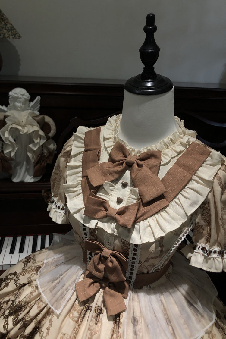 Brown Teddy Bear Party Round Collar Short Sleeves Printed Ruffled Bow Daily Sweet Lolita Dress
