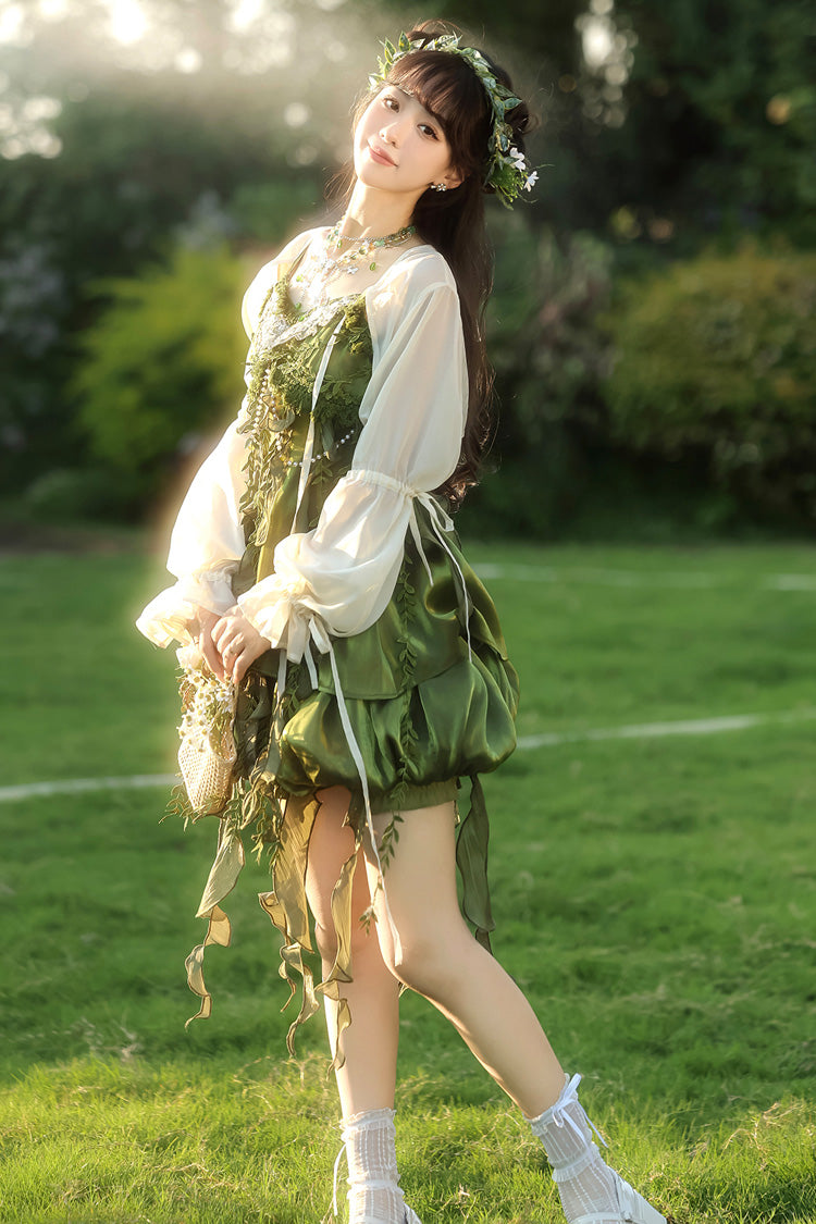 Green Children of the Forest Leaf Decoration Ruffle Irregular Sweet Lolita Jsk Dress Set