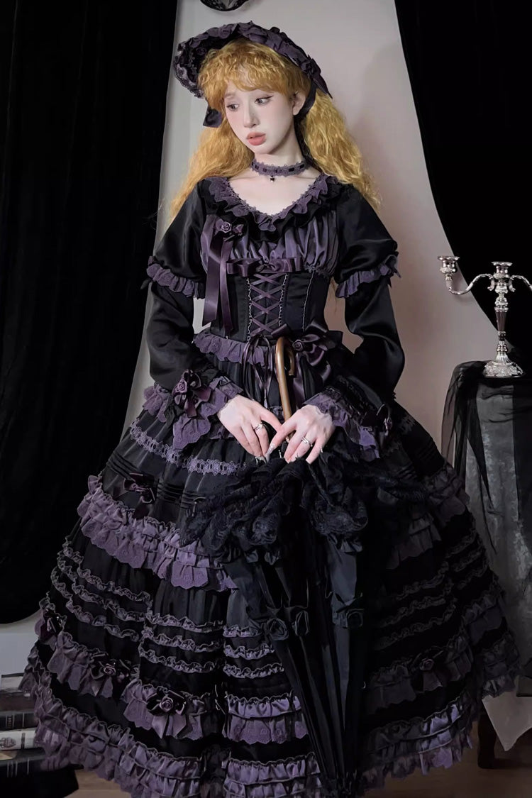 Black/Purple Layered Blackcurrant Short Sleeves Ruffle Bowknot Lace Sweet Lolita Dress