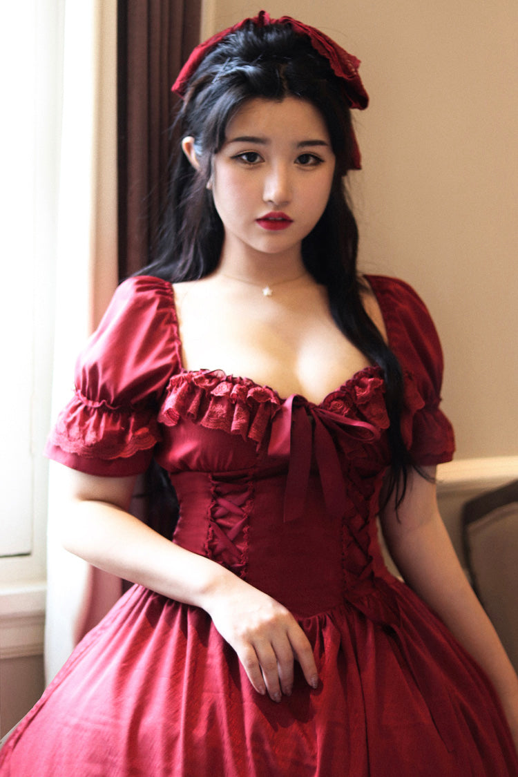 Red Short Puff Sleeves Multi-Layered Ruffle Bowknot Classic Vintage Lolita Dress