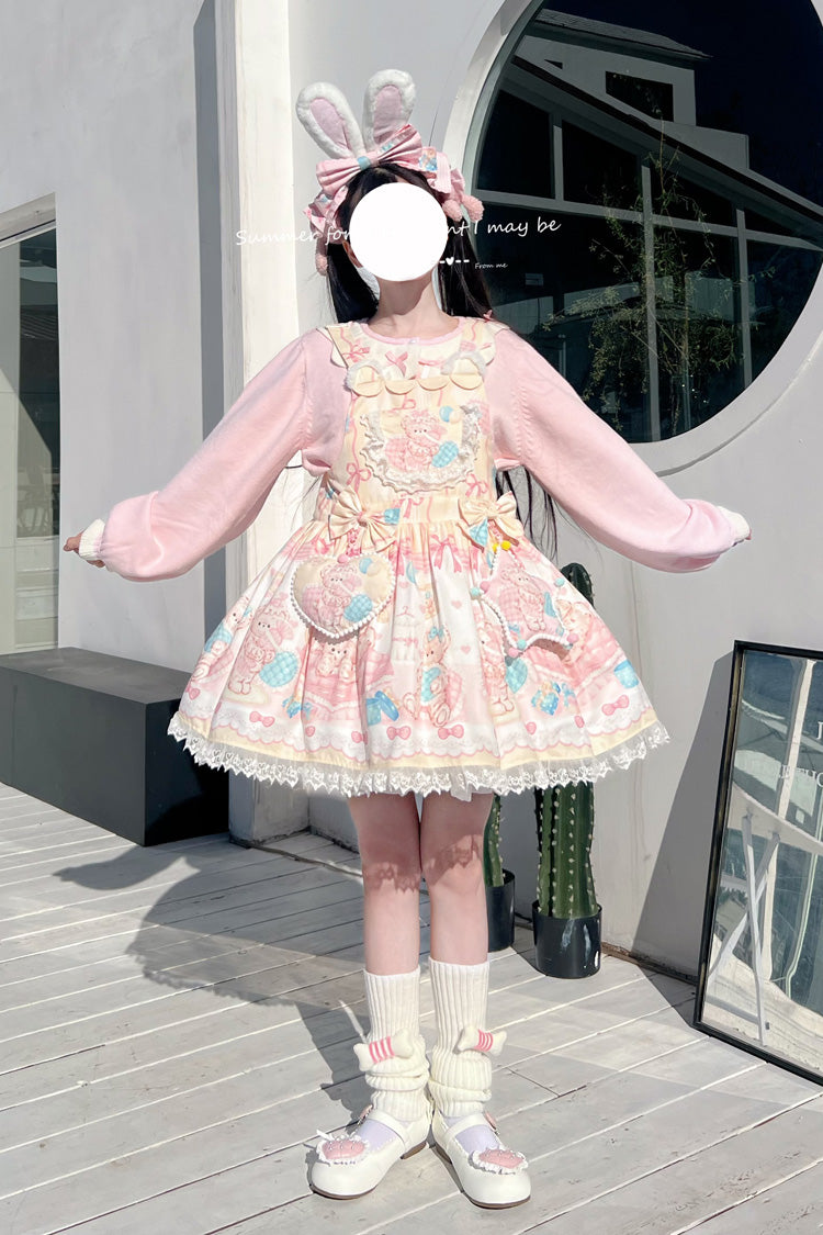 Kawaii Bears Print Yellow Bowknot Stitching Lace Sweet Lolita Strap Dress