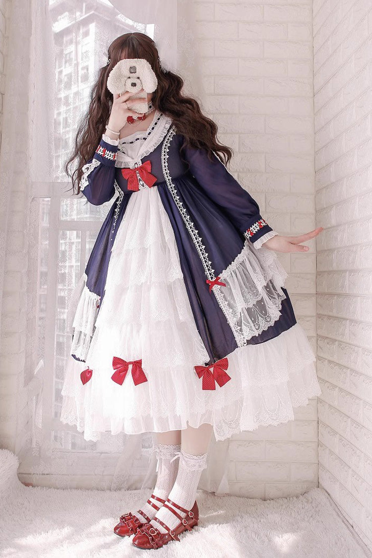 White/Blue Long Sleeves Multi-layer Ruffle Hanayome Cardigan Bowknot Sweet Princess Lolita Dress