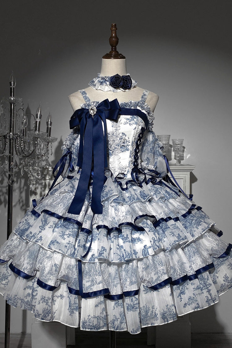 Blue/White Sleeveless Multi-Layered Print Bowknot Fishbone Sweet Classic Chinese Style Lolita Jsk Long Dress
