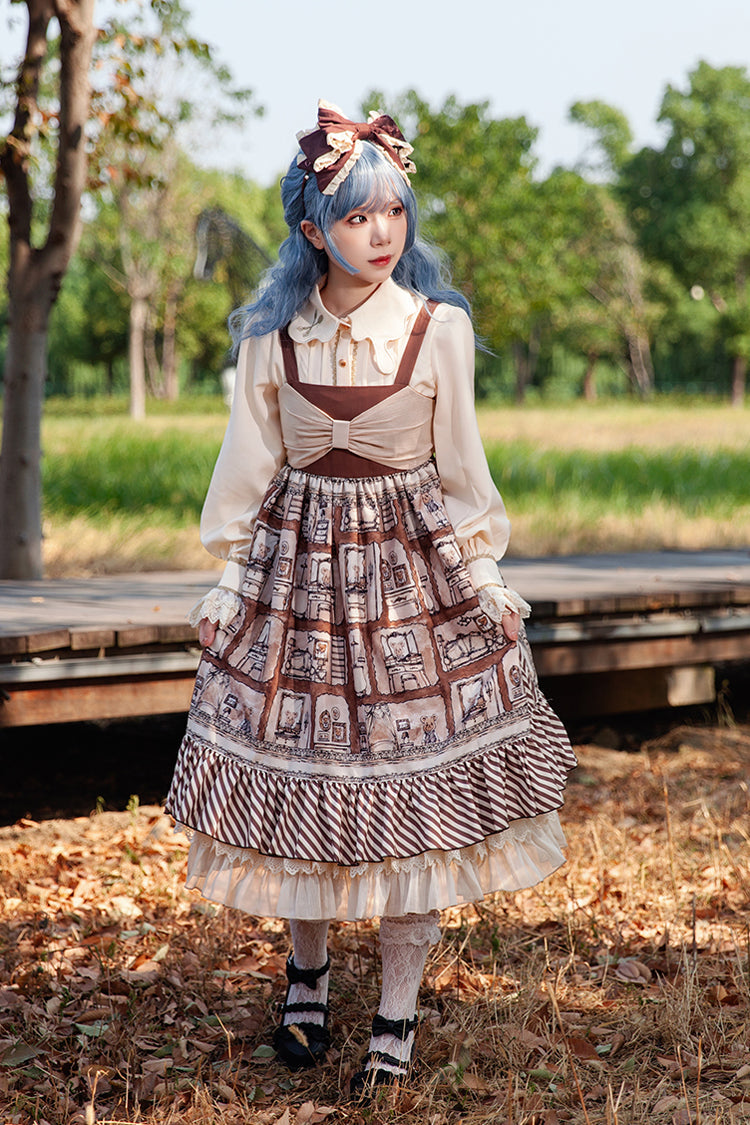 Brown Underground Bear Print Ruffle Bowknot Sweet Lolita Dress