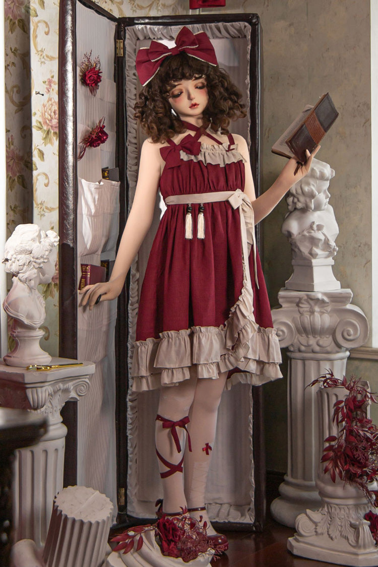 Red Monet Estate Sleeveless High Waisted Ruffle Bowknot Asymmetric Gothic Lolita Jsk Dress