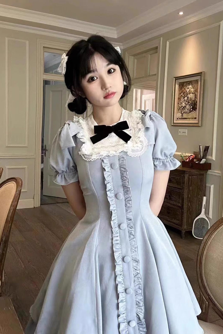 Light Blue Annie's Gift Short Sleeves Bowknot Short Version Sweet Lolita Dress (Plus Size Support)