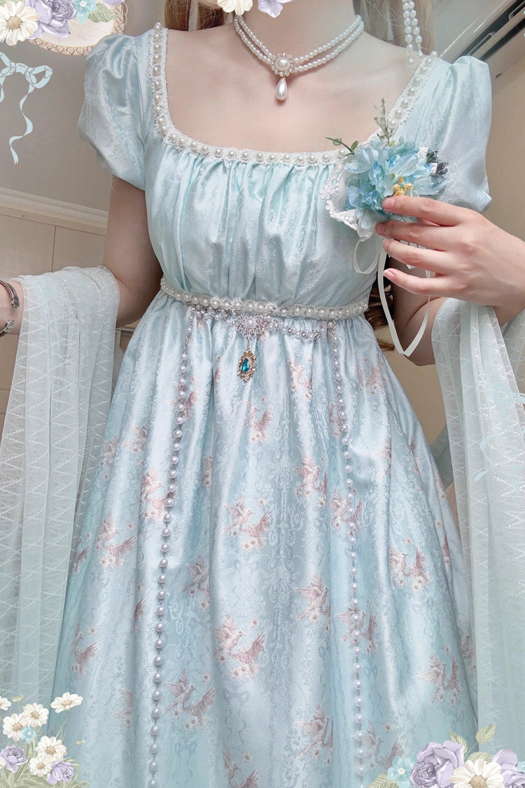 Green Spring of Nai Square Collar Short Sleeves Print Pearl Sweet Elegant Lolita Dress