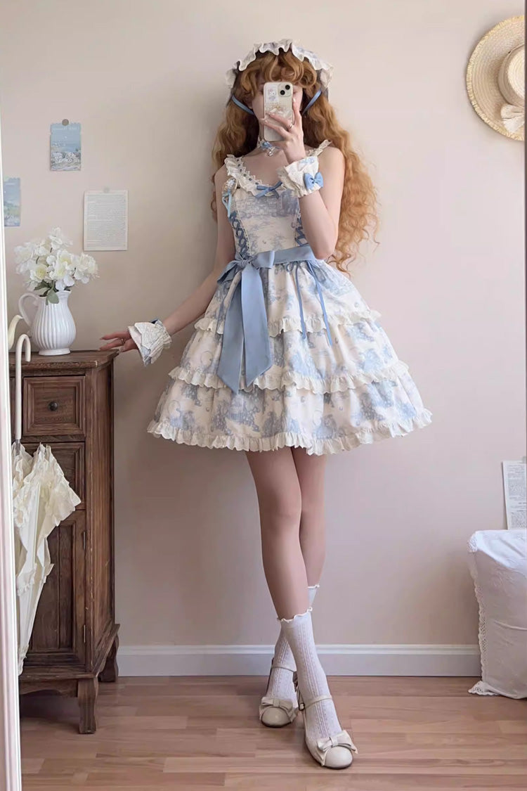Blue Grape Moon Almanac Sleeveless Multi-Layered Printed Ruffled Bow Adjustable-Length Sweet Lolita Jsk Dress