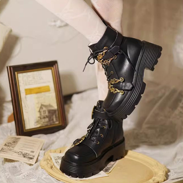 Vintage Accordion Knight Bowknot Chinese College Style Lolita Ankle Boots 2 Colors