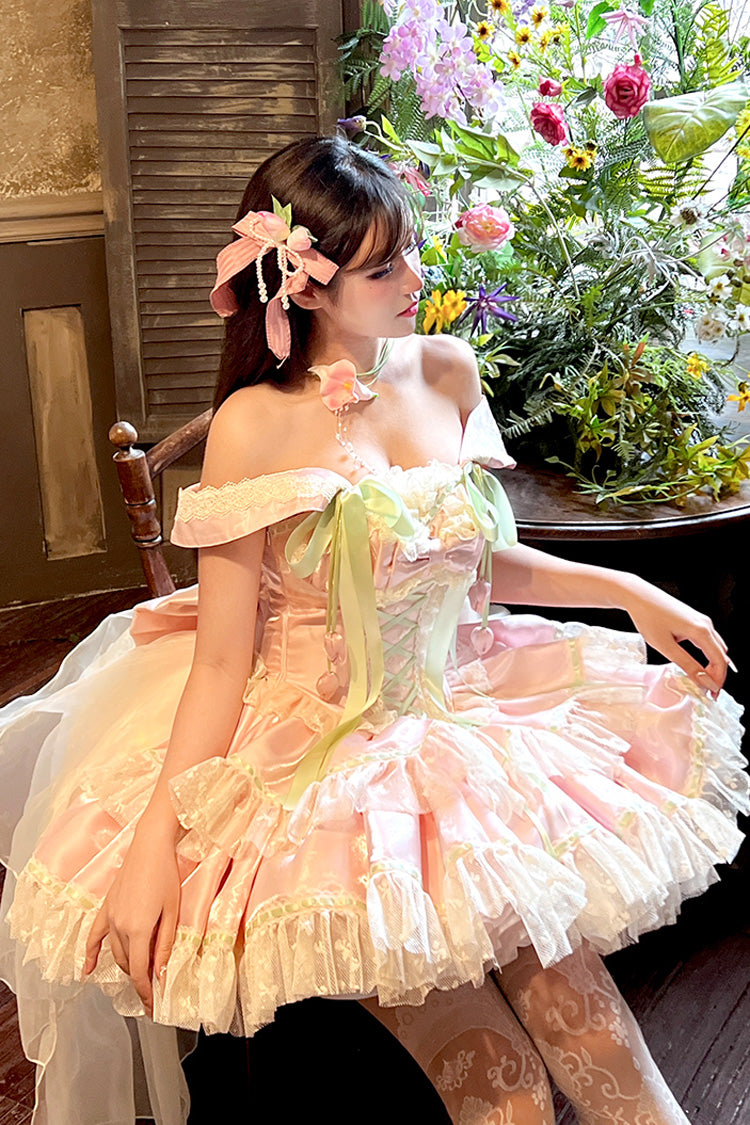 Pink Tulip Love Song Boat Neck Double-Layered Ruffle Bowknot Lace Lace-Up Romantic Sweet Princess Lolita Dress