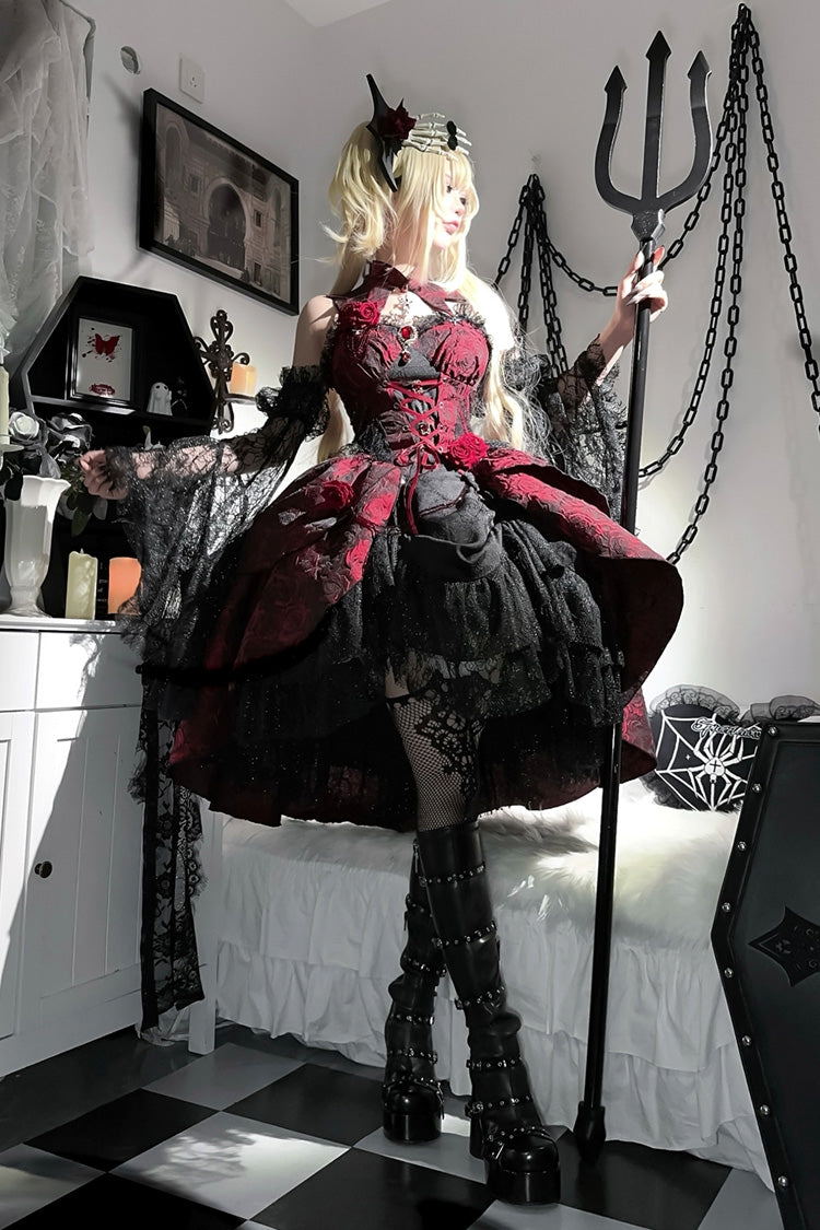 Red Rose Dish Ruffle Embroidery Cardigan Bowknot Lace-Up Gothic Lolita Jsk Dress
