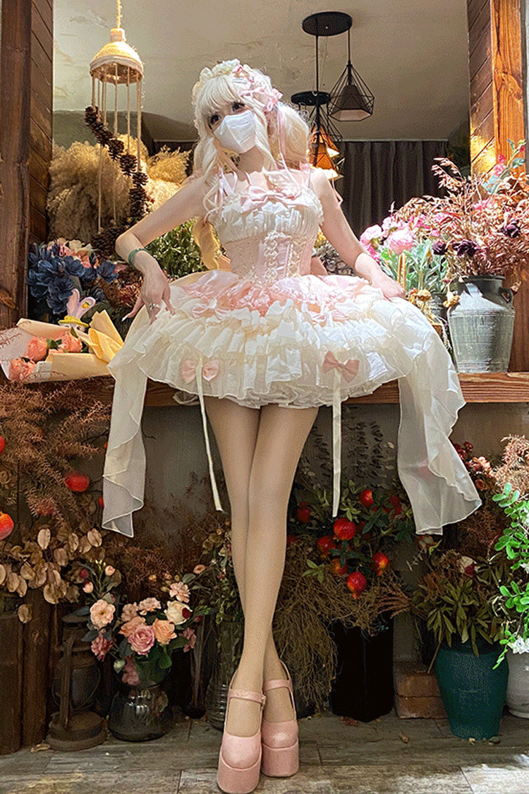 Pink Dance of Time Sleeveless Multi-Layered Ruffle Bowknot Lace Sweet Ballet Lolita Jsk Dress