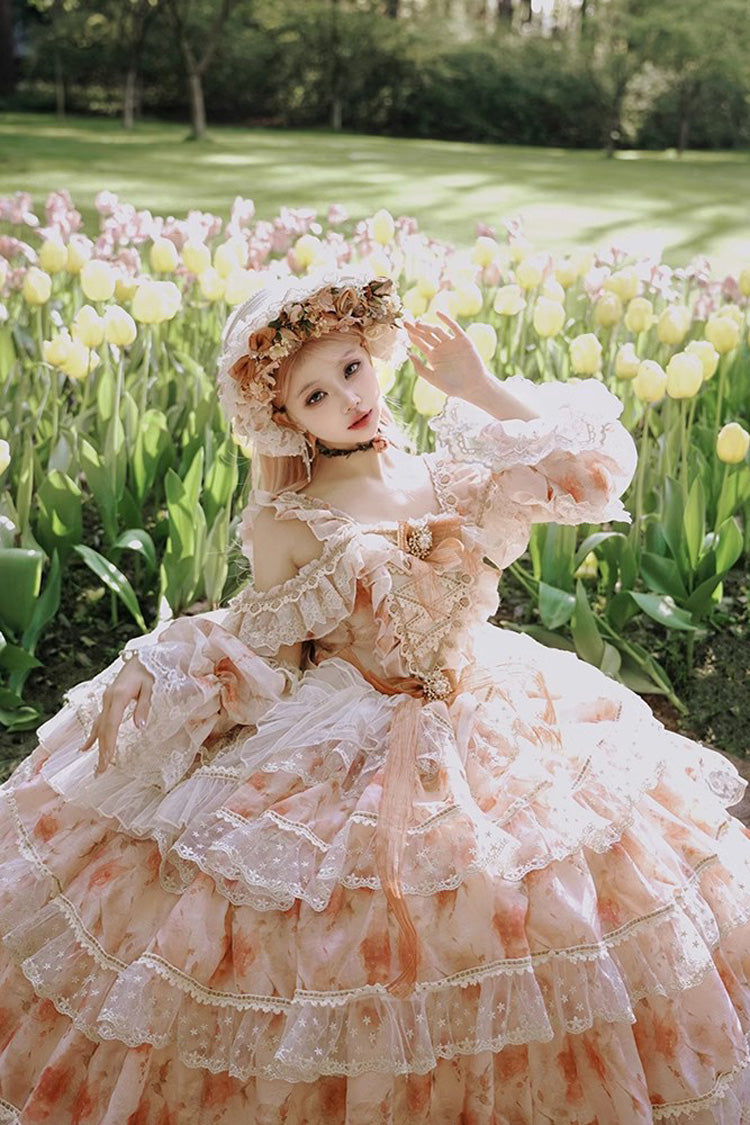 Pink Rose Letter Off Shoulder Triple-Layered Print Ruffle Hanayome Sweet Princess Lolita Dress