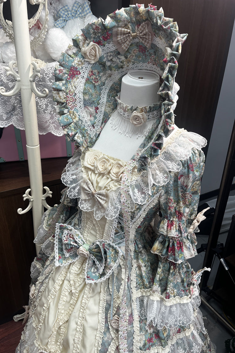 Green/Ivory Print Ruffle Bowknot Lace Classic Vintage Princess Lolita Dress