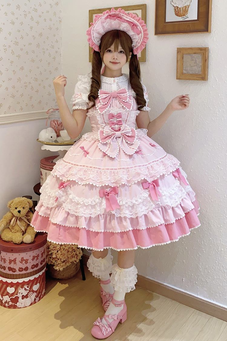 Pink Fondant Cake Sleeveless Multi-Layered Ruffle Bowknot Lace Sweet Lolita Jsk Dress