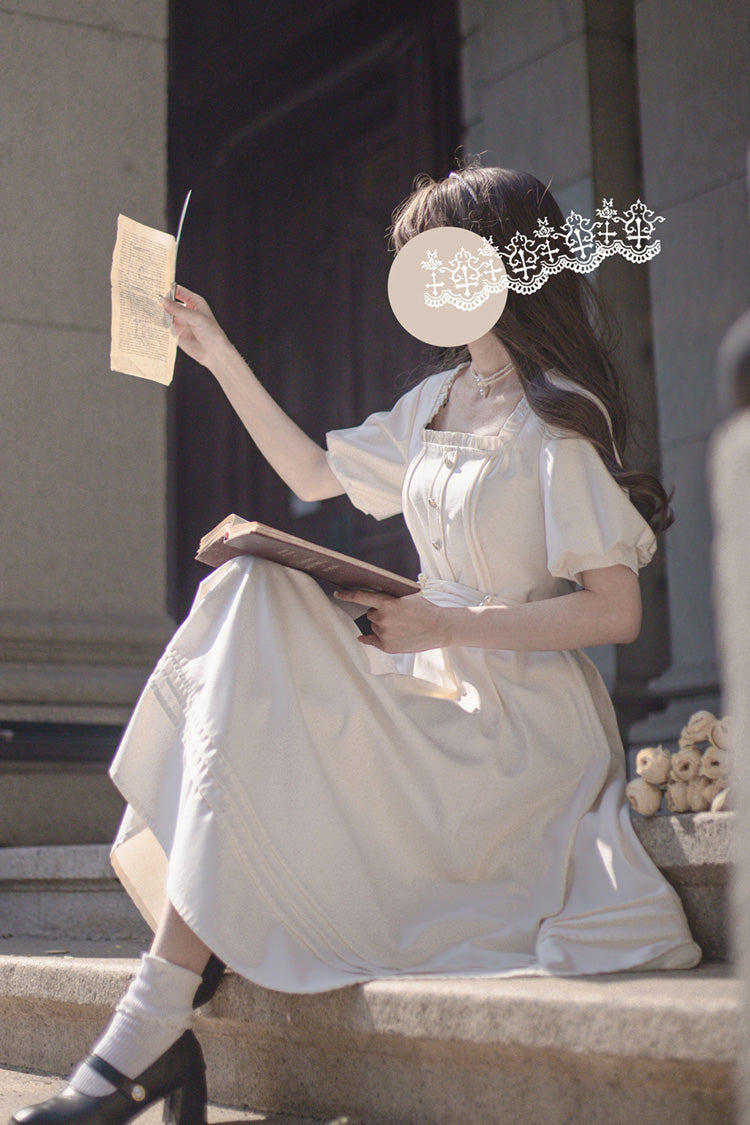 Apricot Random Thoughts Square Collar Short Sleeves Ruffle Classic Vintage Elegant Lolita Dress