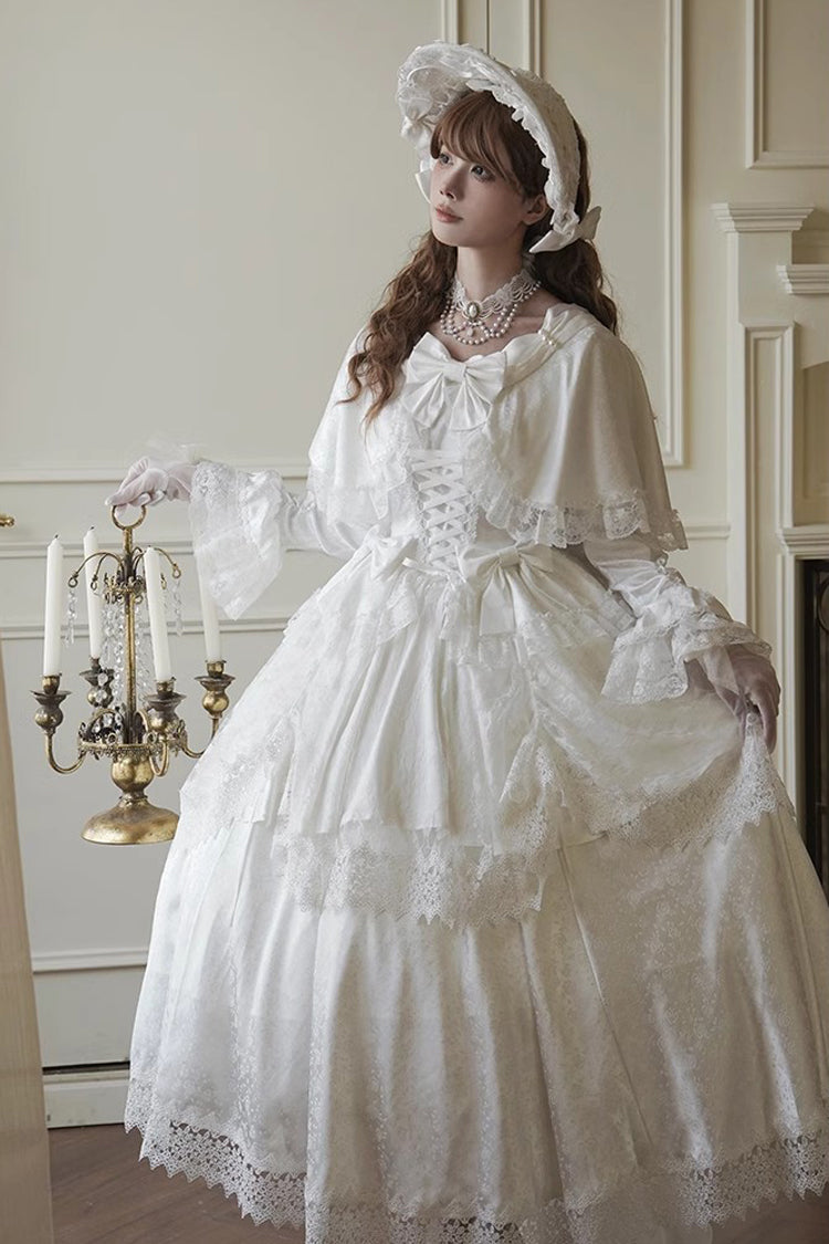 White Cherish Long Trumpet Sleeves Ruffle Hanayome Bowknot Lace-Up Sweet Lolita Dress
