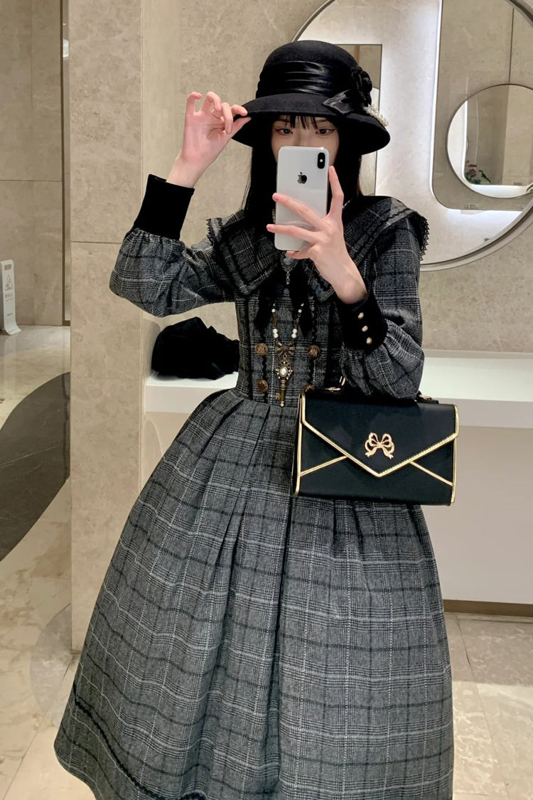 Grey Fontainebleau Long Sleeves Plaid Print Bowknot Elegant Sweet Lolita Dress