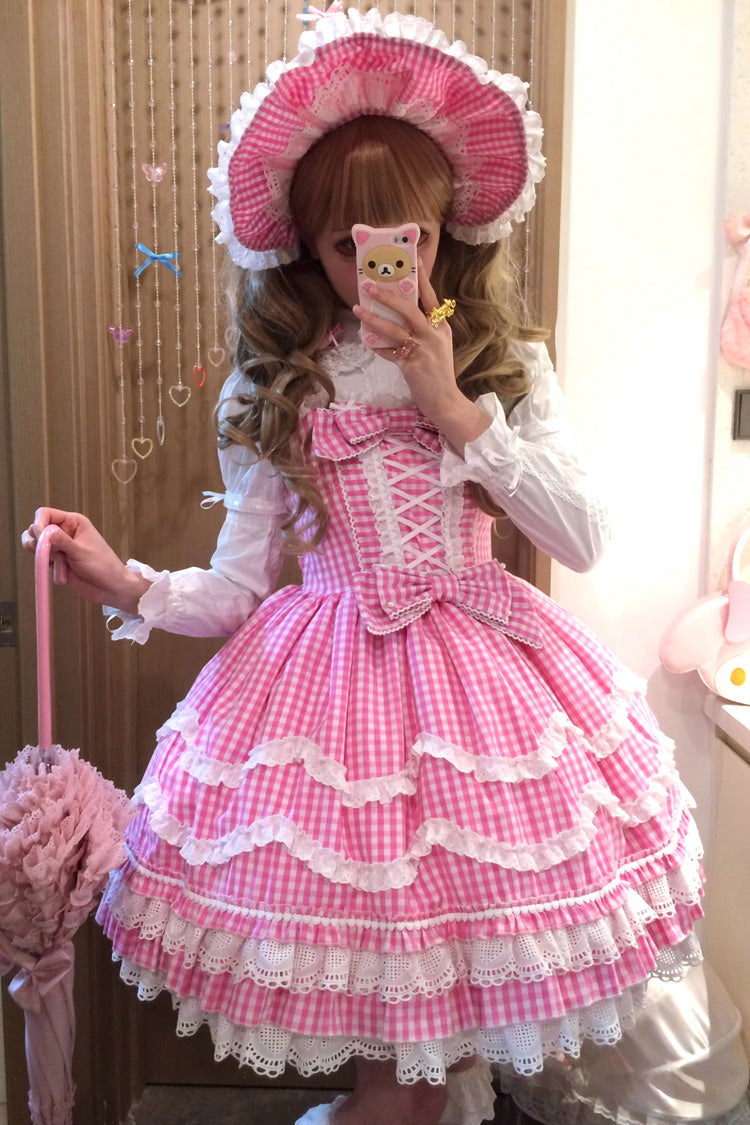 Pink Plaid Print Ruffle Bowknot Lace-Up Sweet Lolita Dress