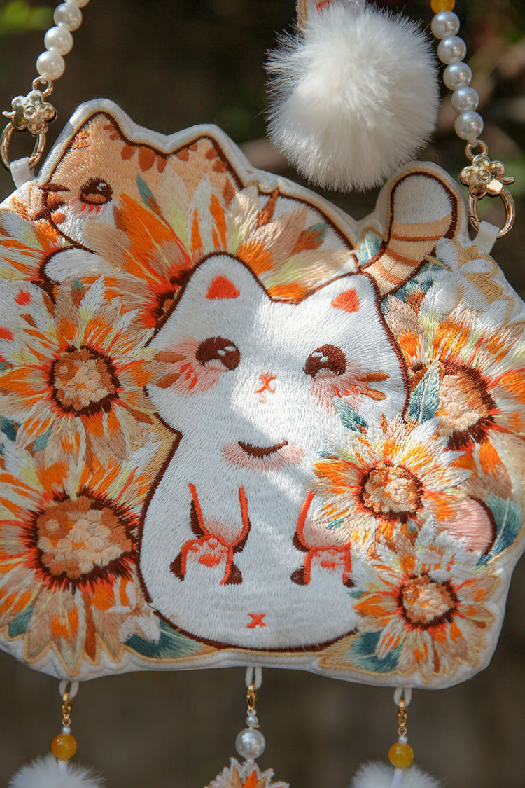 Multi-Color Sunflower Cat Embroidery Pearl Chain Sweet Lolita Crossbody Bag