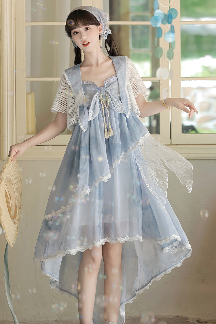 Blue Clouds Resting in the Wilderness Print Ruffle Embroidery Bowknot Lace Irregular Lolita Jsk Dress