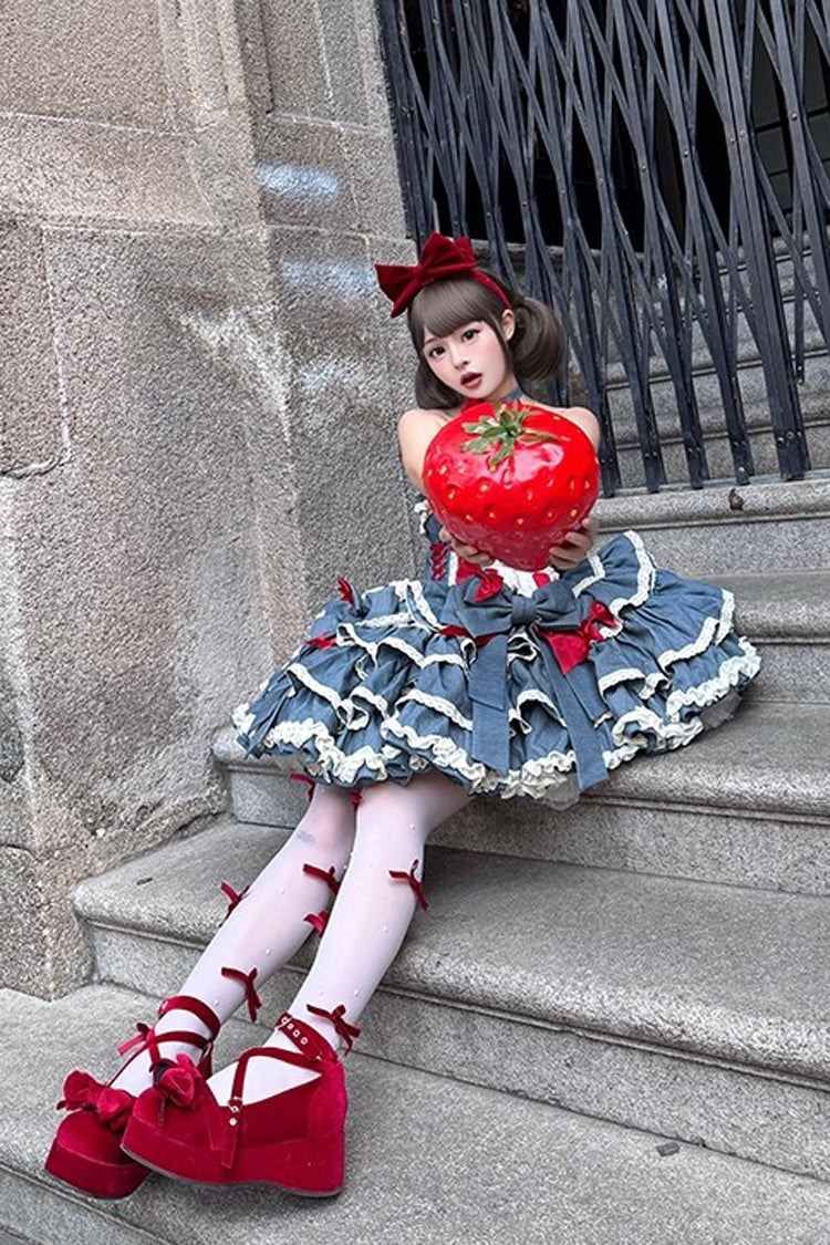 Blue Milk Rabbit Theater Halterneck Sleeveless Triple-Layered Ruffle Bowknot Lace-Up Sweet Lolita Jsk Dress
