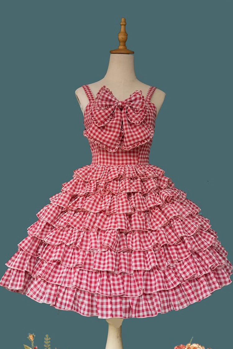 Multi-layer Plaid Print Ruffle Bowknot Sweet Lolita Tiered Dress 3 Colors