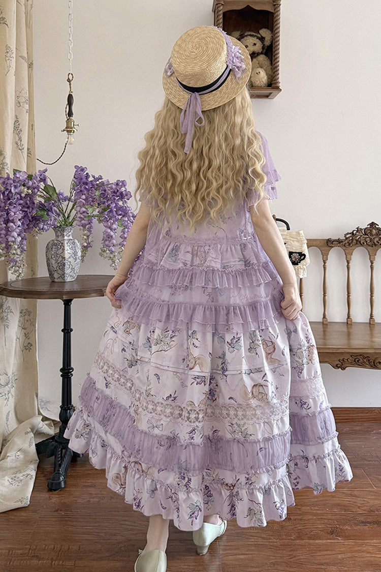 Purple Pea Squirrel Sleeveless Multi-Layered Pastoral Print Ruffle Embroidery Lace Sweet Elegant Lolita Jsk Dress