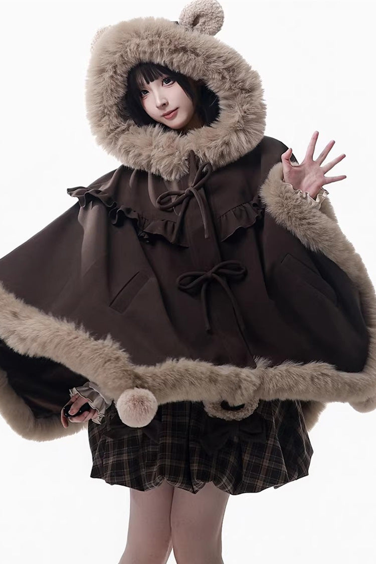 Brown Fluffy Little Bear Plaid Printed Ruffled Bow Sweet Lolita Strap Dress