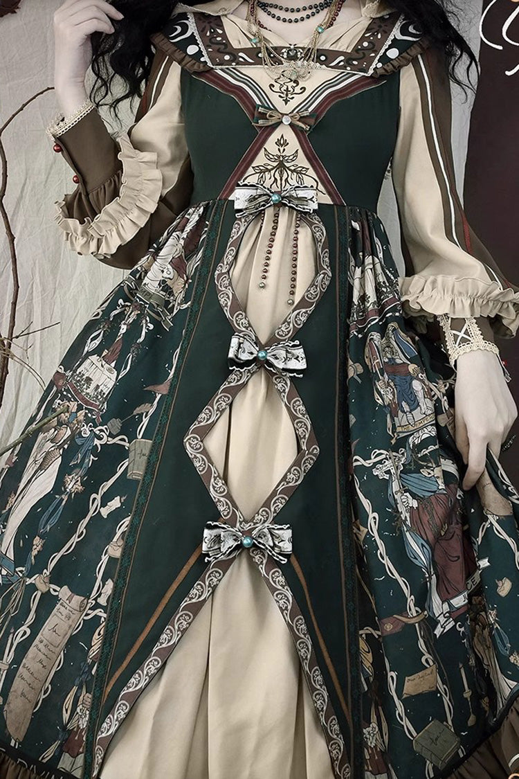 Dark Green Tarot Print Long Puff Sleeves Ruffle Bowknot Ripped Sweet Elegant Lolita Dress
