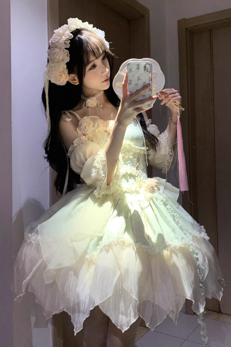 Green Tea Bamboo Song Sleeveless Print Ruffle Bowknot Sweet Chinese Style Elegant Ballet Lolita Jsk Short Dress