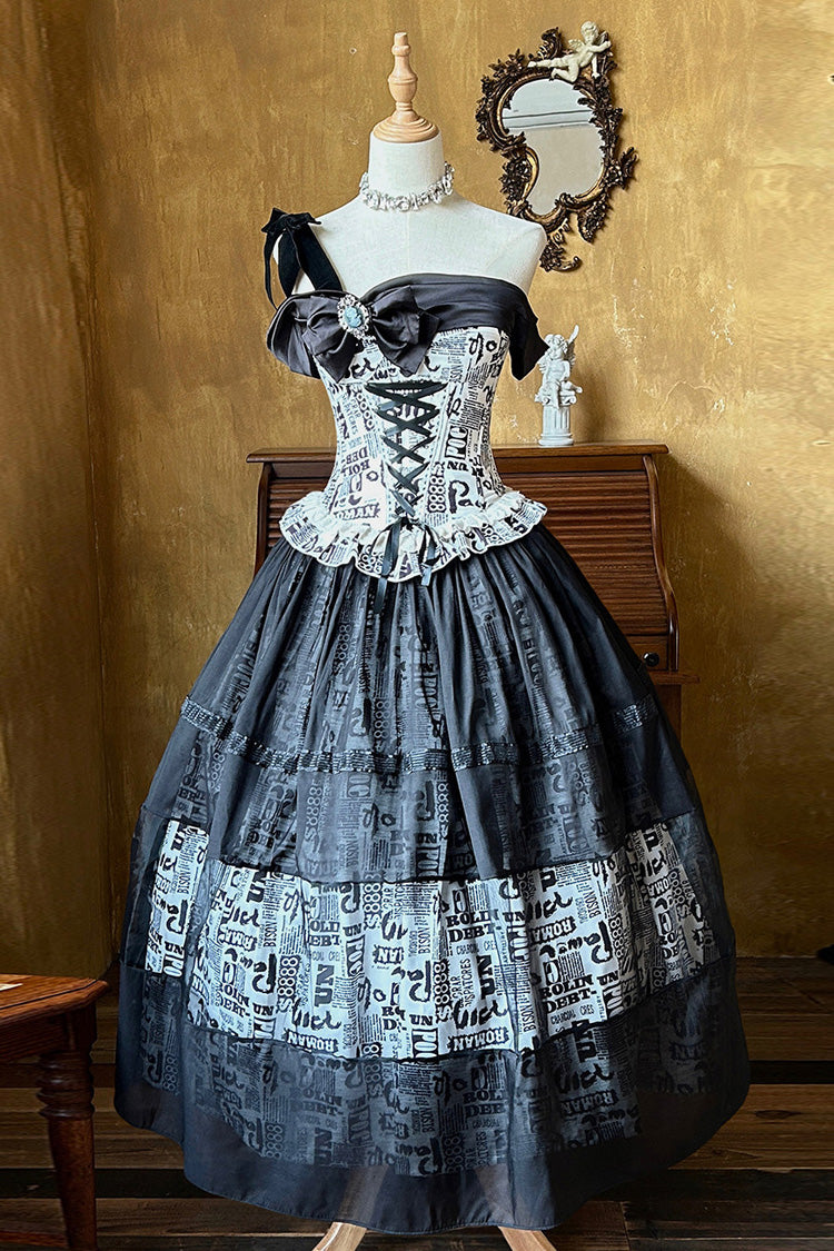 Black Pin-Up Girl Boat Neck Printed Ruffled Bow Lace-Up Asymmetric Gothic Elegant Lolita Skirt Set