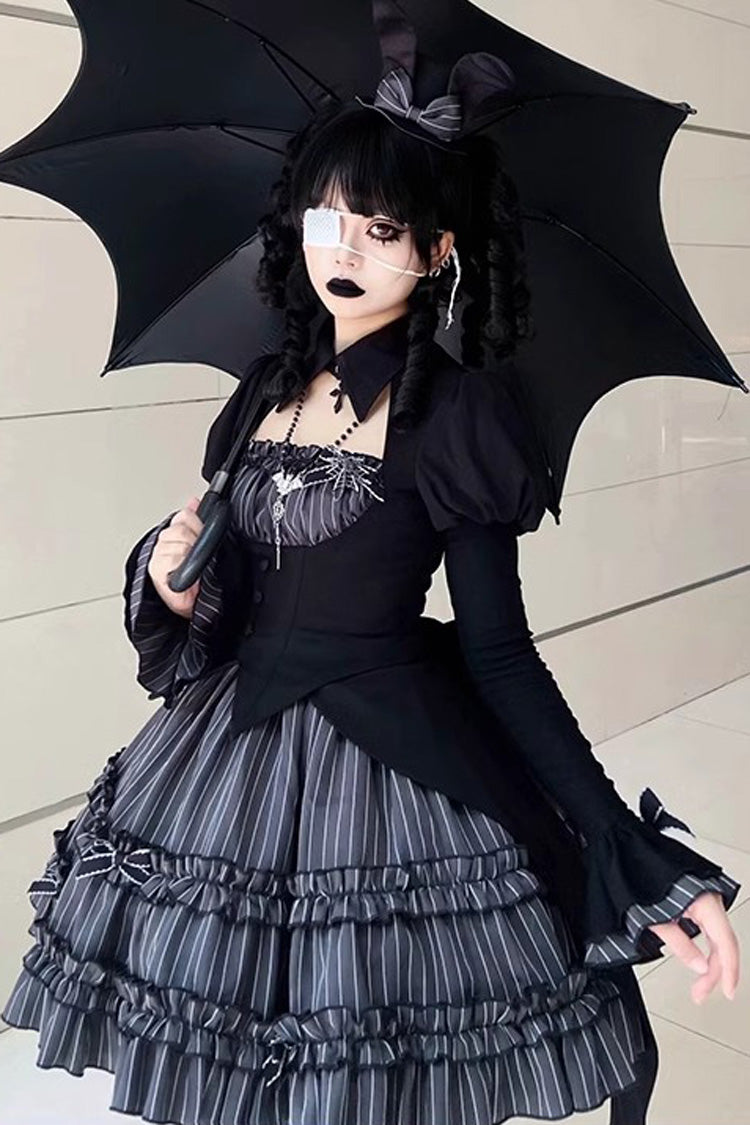 Black Duke of the Trap Rabbit Long Sleeves Stripe Print Ruffle Bowknot Lace Gothic Lolita Dress