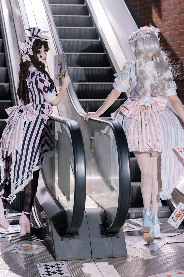 Blue/Pink Short Sleeves Weird Theater Print Ruffle Bowknot Sweet Lolita Dress