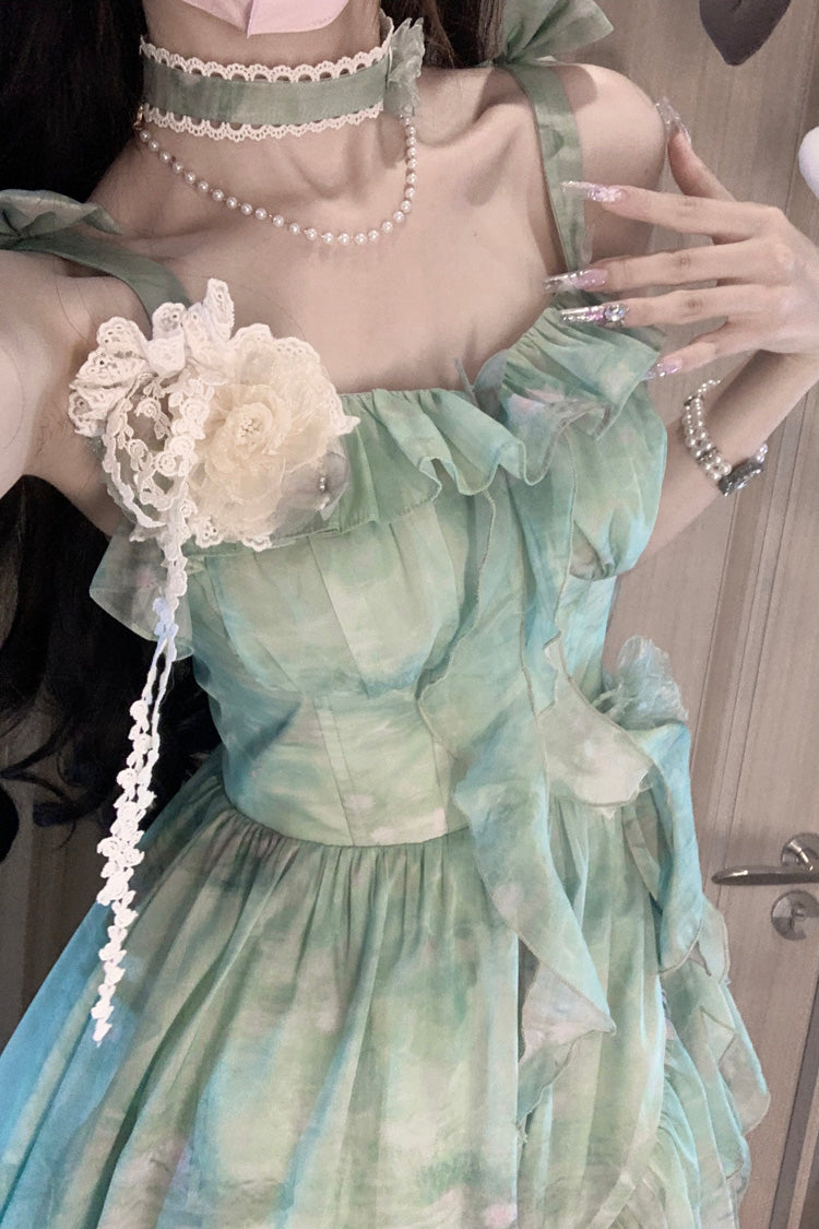 Green Forest Garden Print Ruffle Bowknot Sweet Lolita Jsk Long Dress