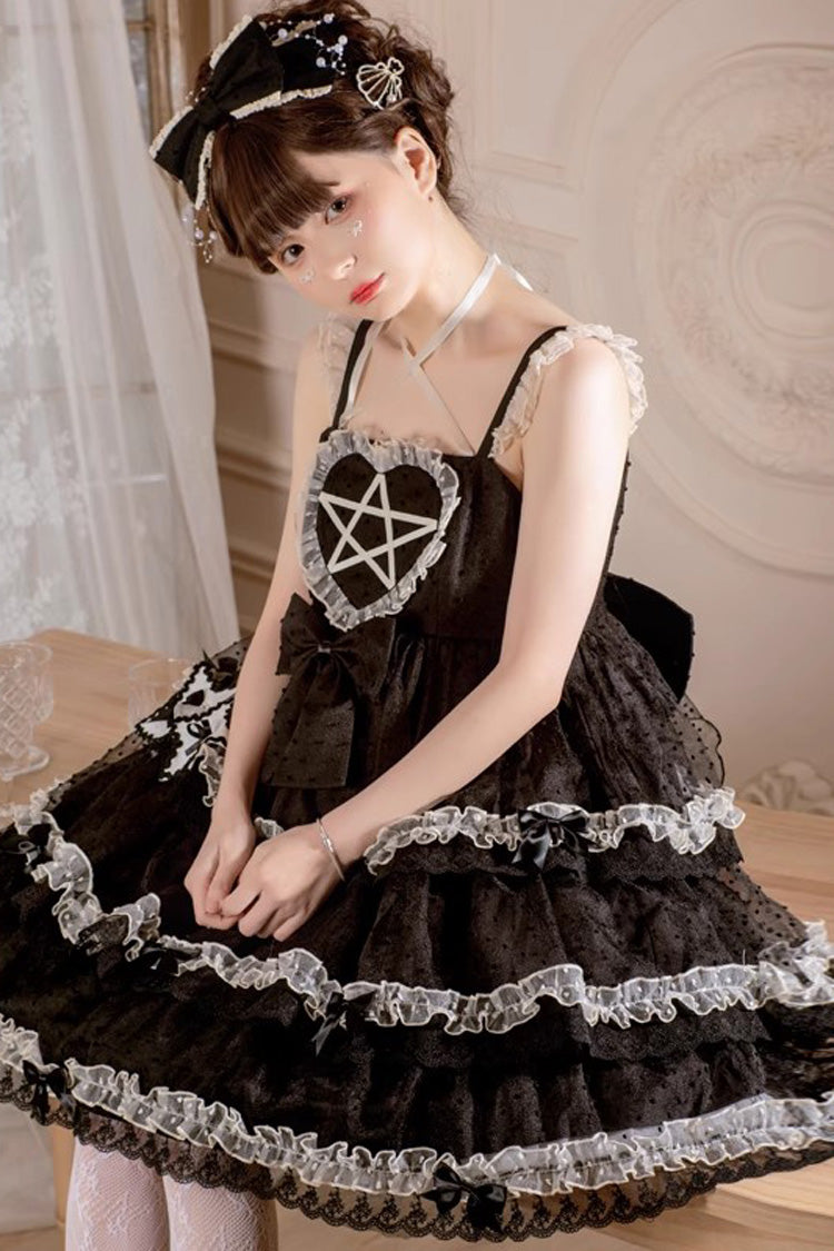 Black Du Meisha's Star Wish Sleeveless Triple-Layered Jacquard Ruffle Bowknot Sweet Gothic Lolita Jsk Dress
