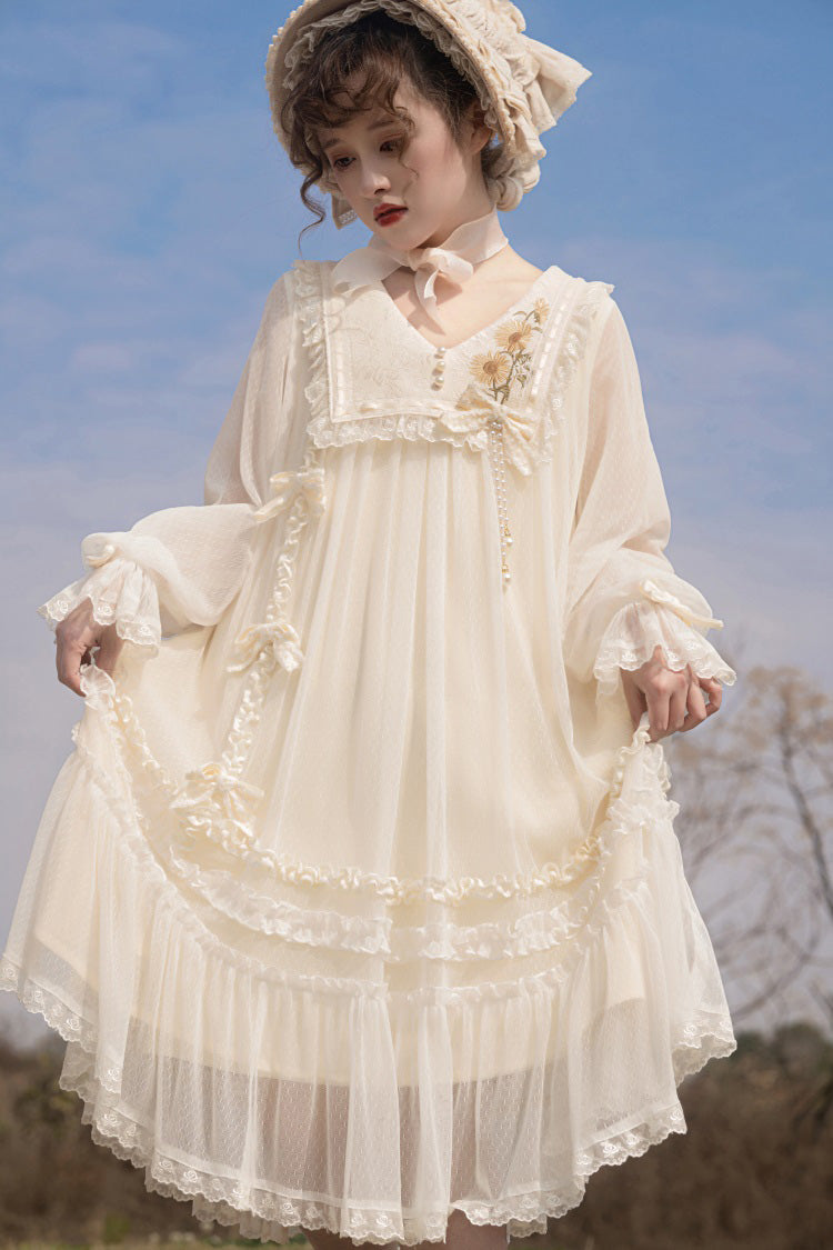 Ivory Sunflower Diary Long Sleeves Ruffle Embroidery Bowknot Lace Chiffon Sweet Princess Lolita Dress