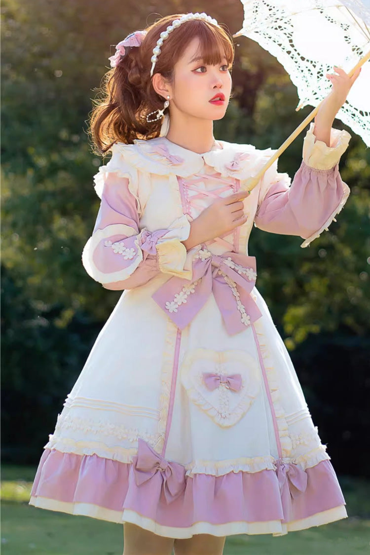 Pink/White Little Florist Long Sleeves Ruffle Bowknot Lace-Up Sweet Plus Size Princess Lolita Dress