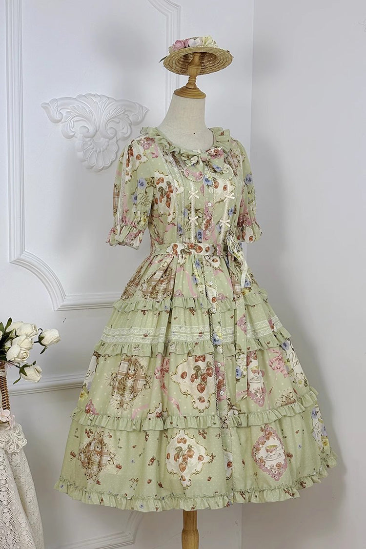 Green Cat Rose Tea Short Sleeves Print Ruffle Cardigan Bowknot Daily Sweet Lolita Dress