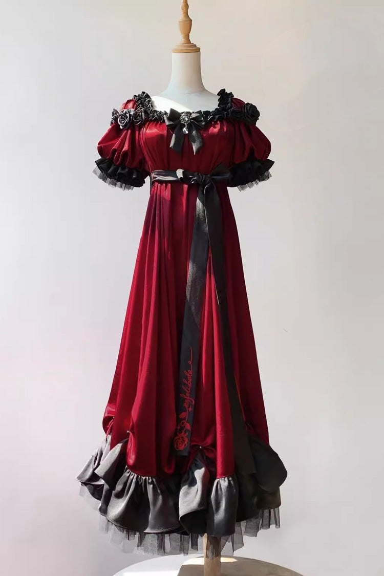 Red Square Collar Short Sleeves Ruffle Bowknot Sweet Regency-Style Vintage Lolita Dress