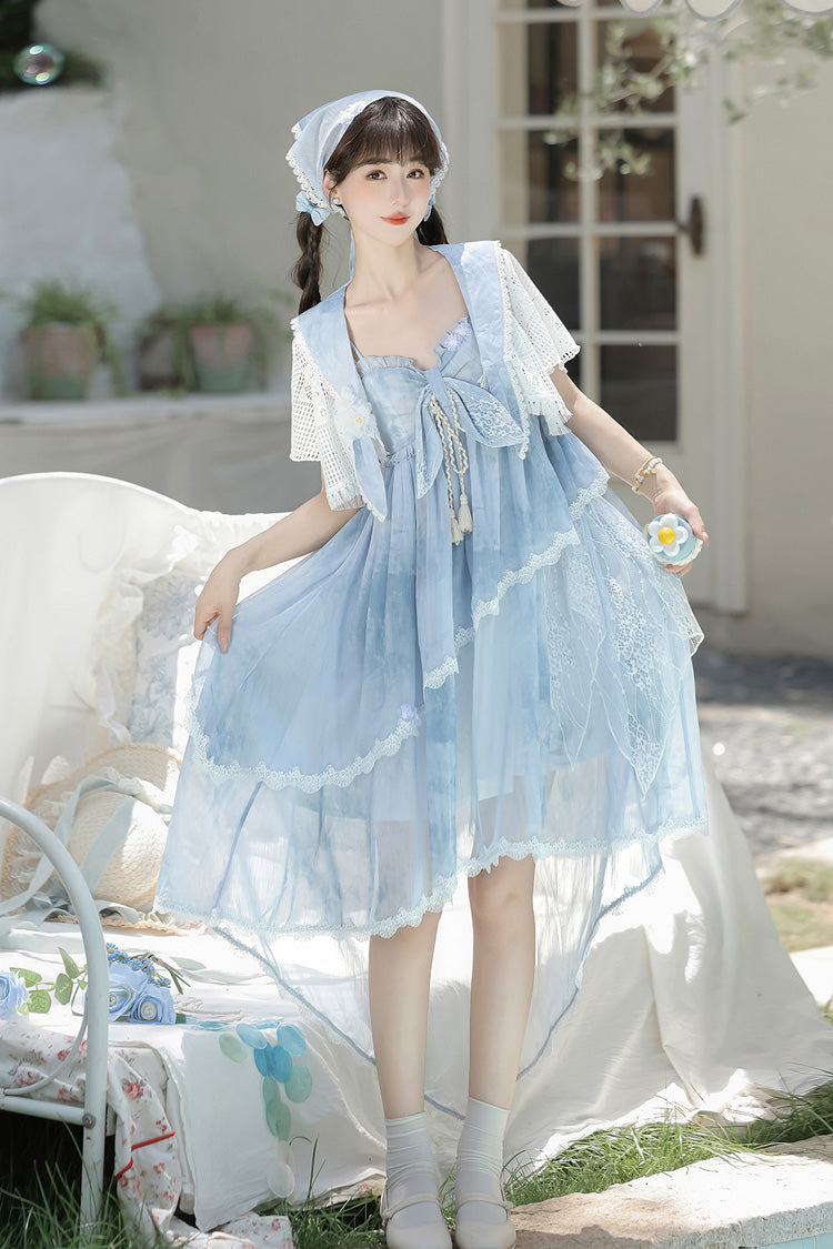 Blue Clouds Resting in the Wilderness Print Ruffle Embroidery Bowknot Lace Irregular Lolita Jsk Dress