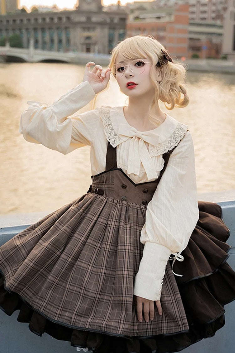 Brown Sherlock Detective Ruffle Color Matching Gothic Lolita Strap Skirt