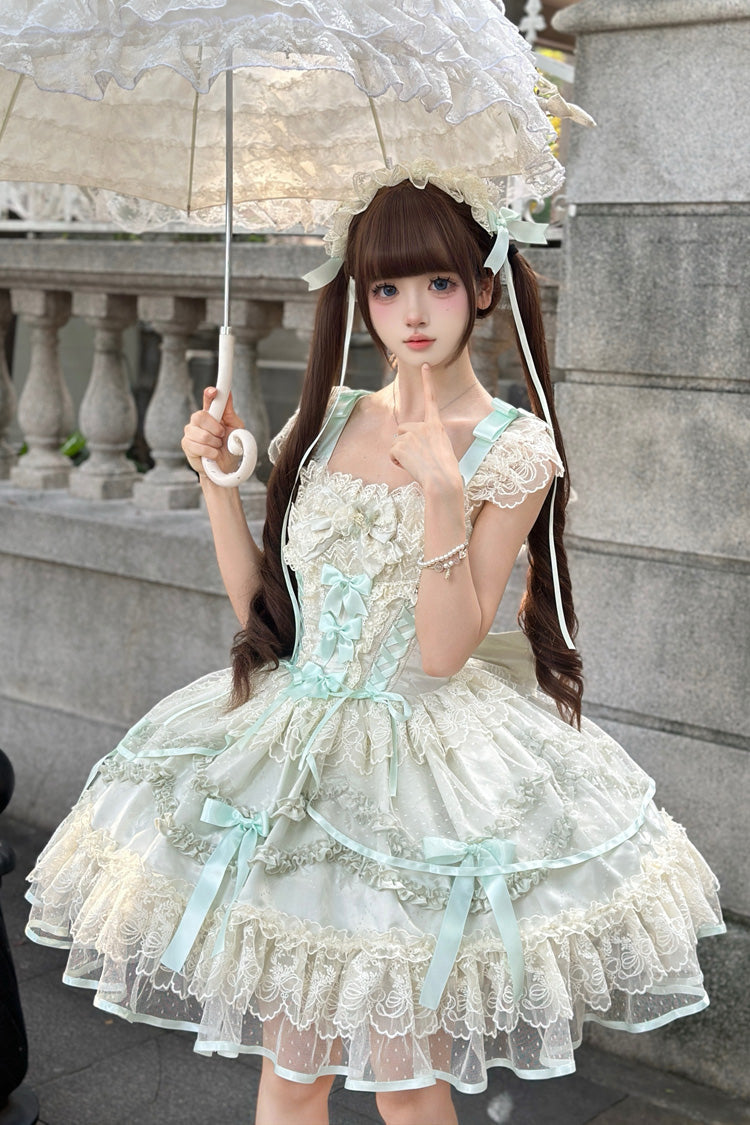 Light Green Dreaming Butterfly Multi-Layered Jacquard Ruffle Bowknot Lace Sweet Princess Lolita Jsk Dress