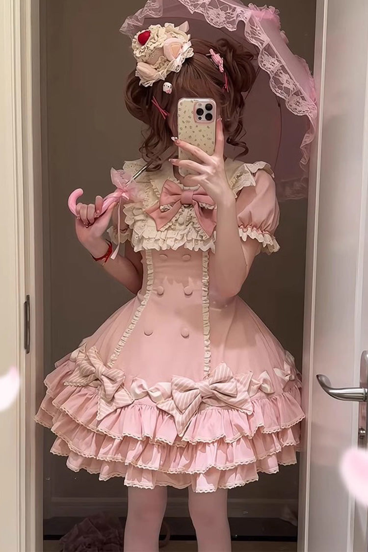 Pink Striped Layered Short Sleeves Multi-Layered Ruffle Bowknot Sweet Princess Lolita Tiered Dress