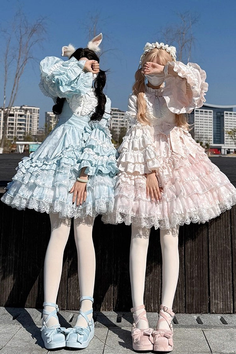 Pink The Soloist Doll Long Hime Sleeves Multi-Layered Print Ruffle Bowknot Asymmetric Sweet Lolita Dress