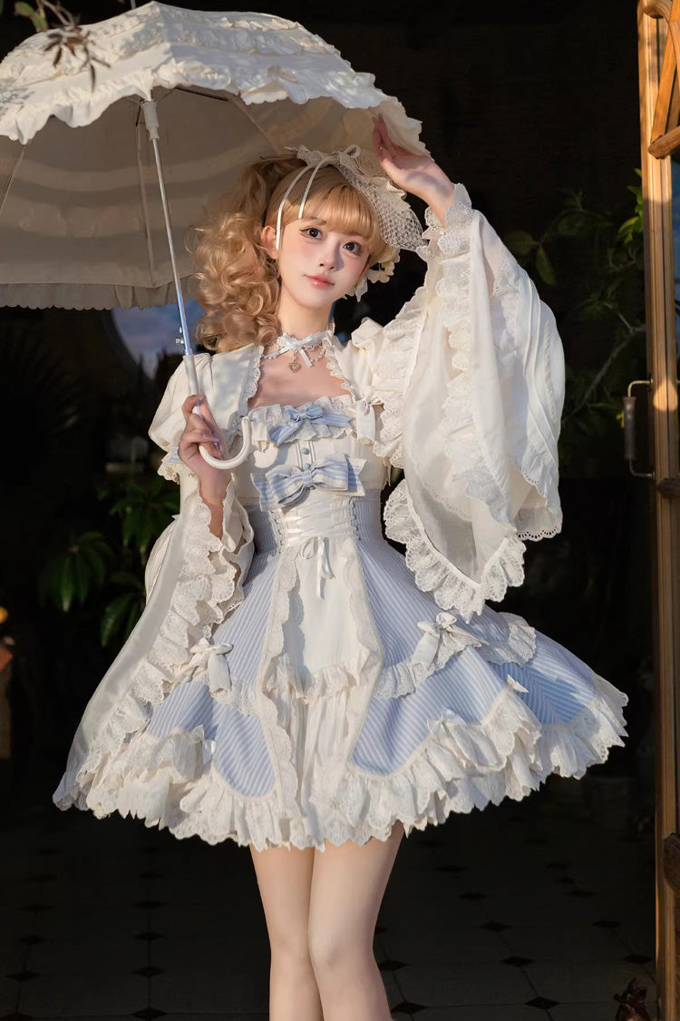 Blue Letter Paper Sleeveless Double-Layered Printed Ruffled Open-Front Bow Lace-Up Sweet Lolita Jsk Dress (Short Version)
